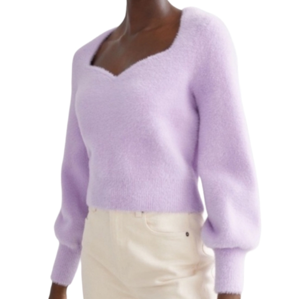 & Other Stories Sweetheart Neckline Cropped Balloon Sleeve Fuzzy Sweater - Large